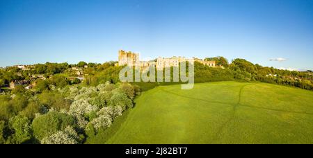 Aerial view of Bolsover Castle during spring, Bolsover, Chesterfield, Derbyshire, England, UK, Europe Stock Photo