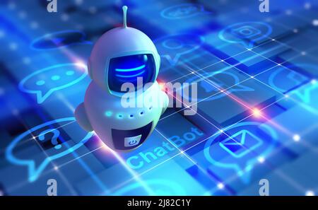 Chat Bot. Artificial intelligence in the global network. Communication in social networks. 3D illustration of a robot, bot, android, cyborg Stock Photo