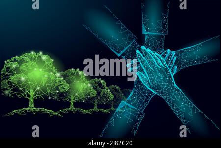 Save planet nature environment grow life eco. People together work on solution polygon triangles low poly vector illustration Stock Vector