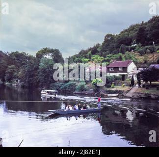 Hand pulled rope ferry boat on the River Wye at Symonds Yat, Herefordshire, England in 1976. This image was taken from the original slide. Stock Photo