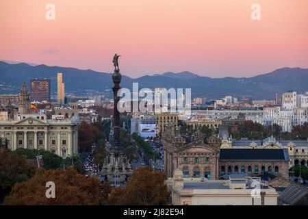 Sunset Seen From Montjuic Mountain And The Christopher Columbus Monument, Passeig Josep Carner In Barcelona City Spain Stock Photo