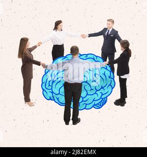 Contemporary art collage. Employees, programmers standing in a circle around brain, working on development artificial intelligence Stock Photo