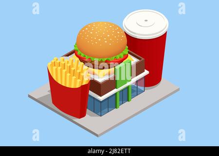 Isometric Facade of Fast Food Store Restaurant. Fast food restaurant building Stock Vector