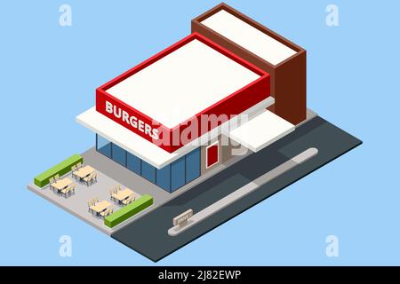 Isometric Facade of Fast Food Store Restaurant. Fast food restaurant building Stock Vector