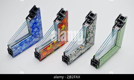 Incision Pvc profile window with triple glazing Laminated according to the seasons of the year Stock Photo