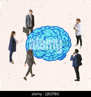 Contemporary art collage. Employees, programmers stanfing around giant brain, working on development of artificial intelligence Stock Photo