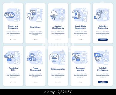 Tech skills and courses light blue onboarding mobile app screen set Stock Vector