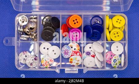Small buttons for clothes of different types lie cells of a plastic container. Stock Photo