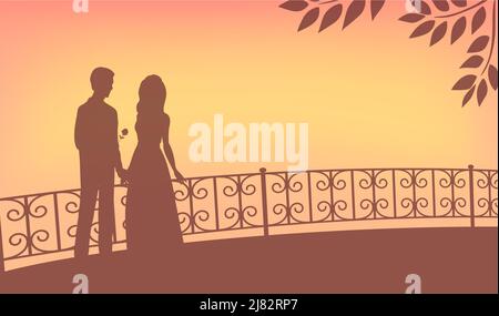 Silhouette of a young couple on the background of the evening sunset. A man gives a girl a flower. Happy people in love. Romantic illustration Stock Photo