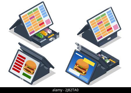 Isometric Fast food checkout terminal. Card payment terminal in fast food restaurant Stock Vector