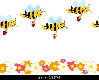 Many cute bees fly with honey over flowers. Vector Seamless pattern. Stock Vector
