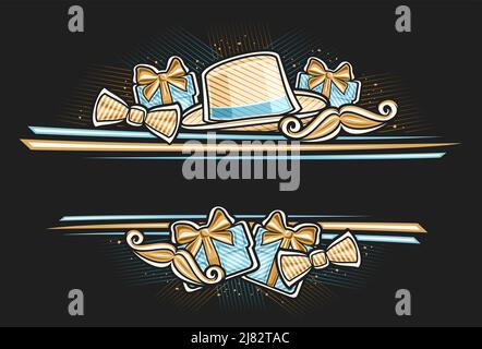 Vector border for Father's Day with empty copy space for congratulation text, horizontal decorative voucher with illustration of mans hat, cartoon bow Stock Vector