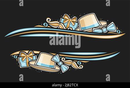 Vector border for Father's Day with empty copyspace for congratulation text, horizontal decorative ticket with illustration of mans hat, cartoon bow t Stock Vector