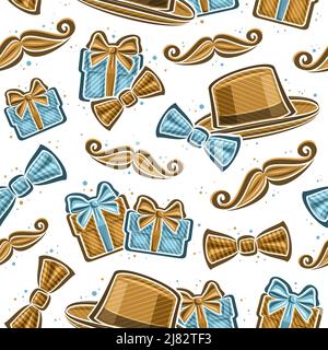 Vector Father's Day seamless pattern, square repeating background with set of cut out illustrations of brown mens hat, bow tie, blue gift boxes and ca Stock Vector