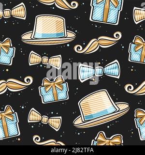 Vector Father's Day seamless pattern, square repeating background with set of cut out illustrations of brown mens hat, bow tie, blue gift boxes and ca Stock Vector