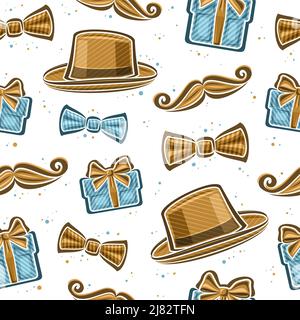 Vector Father's Day seamless pattern, square repeating background with set of cut out illustrations of brown mans hat, bow tie, blue gift boxes and ca Stock Vector