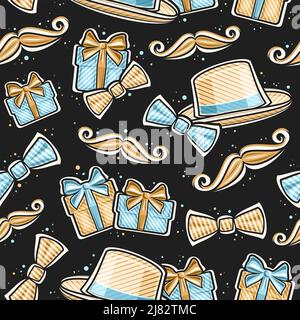Vector Father's Day seamless pattern, square repeating background with set of cut out illustrations of brown mans hat, bow tie, blue gift boxes and ca Stock Vector