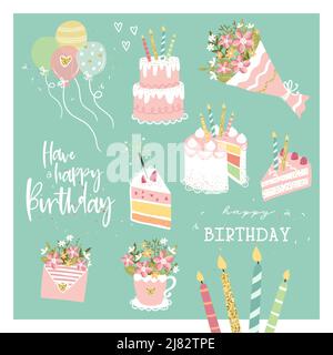 Fun hand drawn party card designs. Lovely templates, great for birthday parties, banners, wallpapers, invitations - vector design Stock Vector