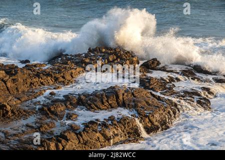 Wave breaking on the rocky shore at low tide near Malibu, California. Spray flying into the air. Foam and water draining off the rocks. Stock Photo