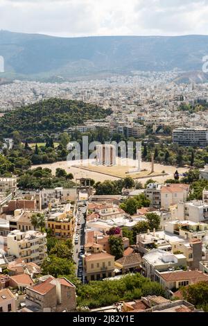 Athens-Greece, September 13, 2015 cityscape of athens taken from the acropolis buildings and distance mountains Stock Photo