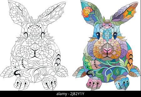 Spring rabbit coloring page for adult and children. Easter background with creative cute bunny. Color and outline set Stock Vector