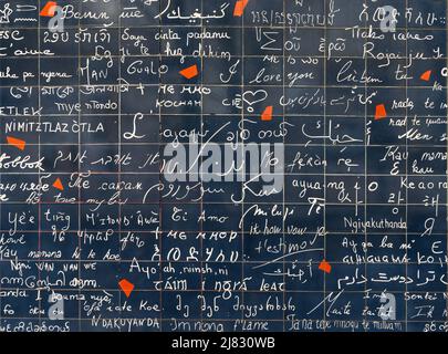 PARIS - MARCH 22, 2022: Wall I love you in 311 languages Stock Photo