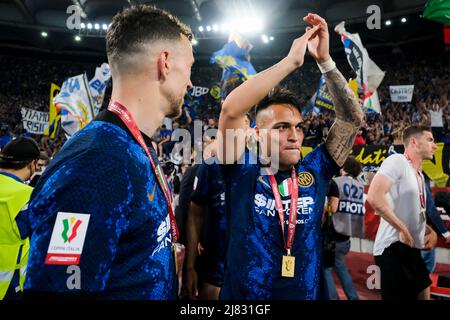 InterÕs Argentinian forward Lautaro Martinez  celebrate victory  during the Coppa Italia final between Juventus Vs Inter at the Olimpico Stadium Rome, centre Italy, on May 11, 2022. Stock Photo