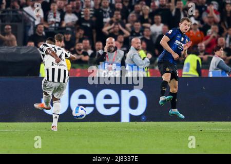 Juventus's Brazilian defender Alex Sandro scores against inter during the Coppa Italia final between Juventus Vs Inter at the Olimpico Stadium Rome, centre Italy, on May 11, 2022. Stock Photo