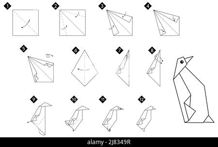 How to make origami penguin bird. Step by step instructions. Monochrome black and white vector simple DIY illustration. Stock Vector