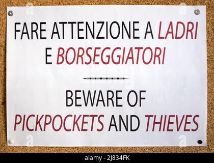 Pickpockets and Thieves Warning Sign in Rome Italy Stock Photo