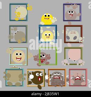 a set of emoticons in frames in different positions and different colors Stock Vector