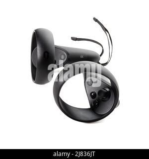 VR joysticks from virtual reality glasses isolated on white background. Left and right controllers of the VR helmet Stock Photo