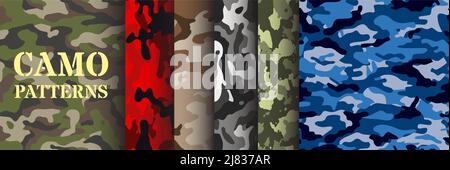 Pack of seamless army patterns | Set of abstract graphics in military style for backgrounds | Textiles, patterns, apparel, clothes Stock Vector