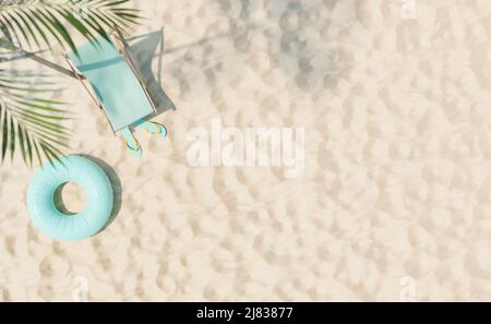 3D rendering aerial view of lounger with inflatable tube and flip flop sandals placed on sandy beach near palm tree on sunny summer day Stock Photo