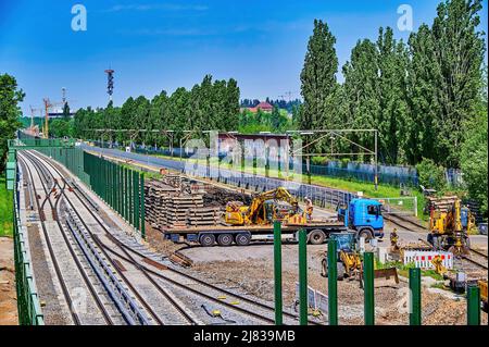 Berlin, Germany - May 11, 2022: Railway construction site in Berlin as preparation for the expansion of the railway line between Berlin and Dresden. Stock Photo