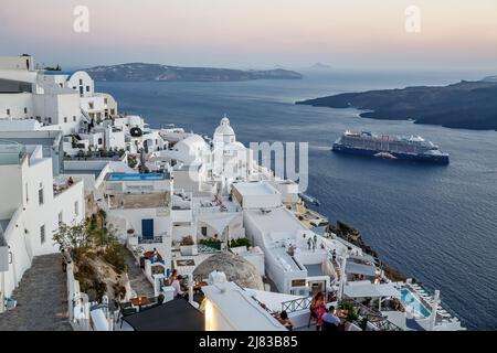 Santorini, Greece - July 10, 2021: Walking in the streets of Santorini in Greece. Stock Photo