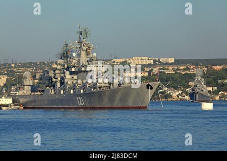 Military cruiser 'Moscow' in Sevastopol bay. Russian (Soviet) guards missile cruiser, the main ship and flagship Stock Photo