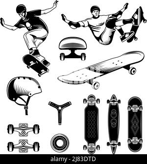 Skateboarding hand drawn engraving set with people engaged in extreme sports and different skateboards isolated vector illustration Stock Vector