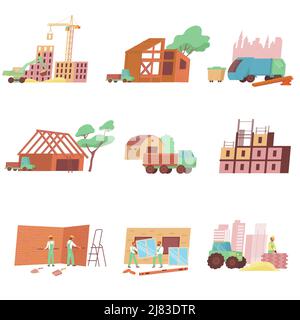 Home construction set with flat icons and isolated images of urban and country buildings with machinery vector illustration Stock Vector