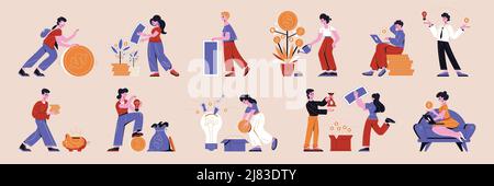 Crowdfunding flat horizontal icons set with people watering money tree rolling coins saving banknotes vector illustration Stock Vector