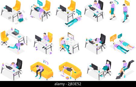 Burn out syndrome isometric icons recolor set of isolated icons with workers office workplaces with computers vector illustration Stock Vector
