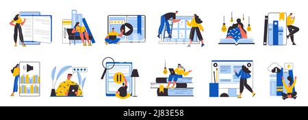Flat set of icons with human characters reading books in online library isolated vector illustration Stock Vector
