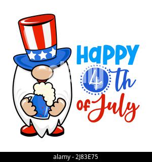 Happy 4th of July - hand drawn modern dwarf illustration. Perfect for advertising, poster, announcement or greeting card. Beautiful gnome in happy Ind Stock Vector