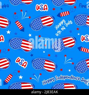 Beauty mask and fire crackers pattern design in USA colors - funny drawing seamless pattern. wallpaper, wrapping paper. Happy Independence Day. Red, w Stock Vector