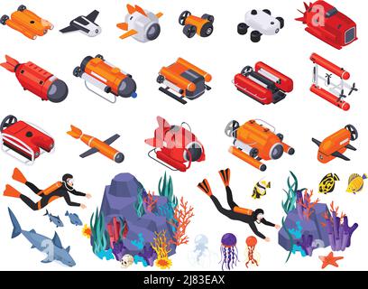Underwater vehicles machines equipment isometric isolated icon set with divers fish different tools and underwater ships vector illustration Stock Vector
