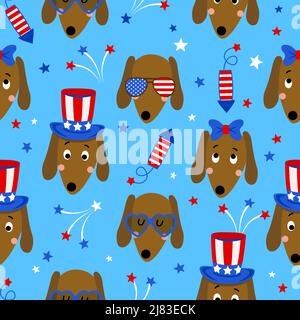 Dachshund dogs and fireworks pattern design in USA colors - funny drawing seamless pattern. wallpaper, wrapping paper. Happy Independence Day. Red, wh Stock Vector