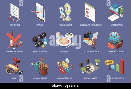 Personal growth self development isometric set of isolated icons with text captions and images of activities vector illustration Stock Vector