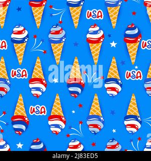 Uncle Sam hat and fireworks pattern design in USA colors - funny drawing seamless pattern. wallpaper, wrapping paper. Happy Independence Day. Red, whi Stock Vector