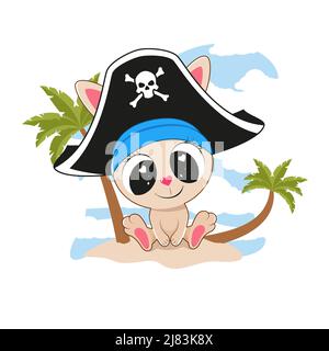Cute Cartoon Bunny in a pirate hat on the island. Stock Vector