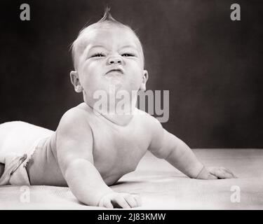 1950s BABY LYING ON STOMACH PUSHING UP HEAD RAISED DEFIANTLY SCRUNCHED UP FUNNY FACIAL EXPRESSION LOOKING AT CAMERA - b4740 HAR001 HARS EXPRESSIONS B&W HUMOROUS STOMACH LOW ANGLE COMICAL DIAPERS UP CONCEPTUAL COMEDY FEISTY BABY BOY BELLIGERENT SMART WISE GUY AGGRESSIVE GROWTH JUVENILES REBELLIOUS SCRUNCHED ARROGANT ATTITUDE BLACK AND WHITE CAUCASIAN ETHNICITY DEFIANT HAR001 OLD FASHIONED Stock Photo